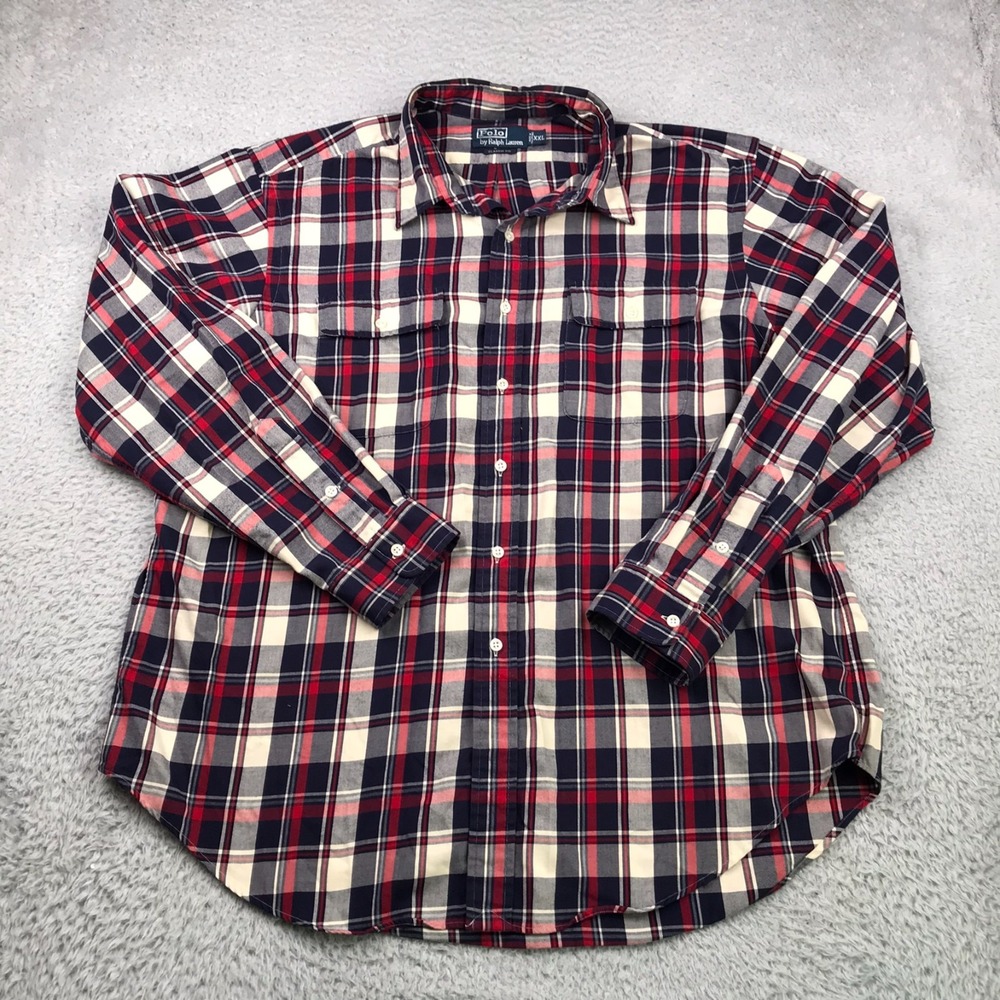 Polo Ralph Lauren Shirt Mens 2XL Red Plaid Cotton Button Up Pocket Long Sleeve